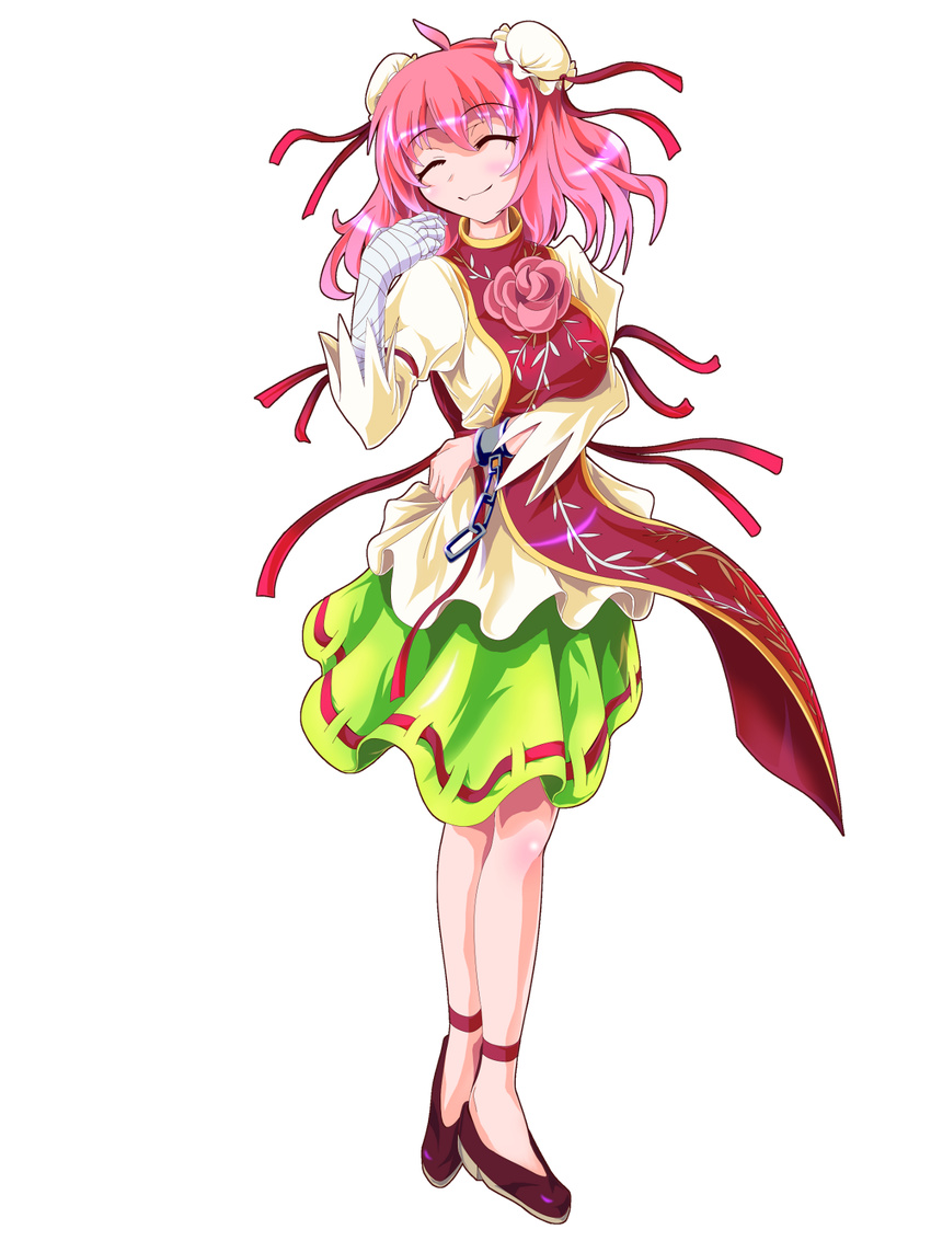 ^_^ ahoge bandages breasts bun_cover chain chinese_clothes closed_eyes cuffs double_bun flower full_body highres ibaraki_kasen medium_breasts pink_hair ribbon rose short_hair skirt smile solo tabard tachi-e touhou transparent_background wavy_mouth zephid