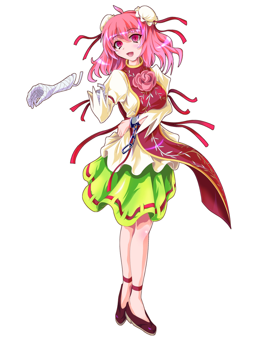 ahoge amputee bandages breasts bun_cover chain chinese_clothes cuffs detached_arm double_bun false_arm false_limb flower full_body highres ibaraki_kasen medium_breasts open_mouth pink_eyes pink_hair ribbon rose short_hair skirt solo tabard tachi-e touhou transparent_background zephid