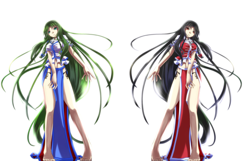 absurdly_long_hair backlighting bare_legs barefoot black_hair braid chinese_clothes cosplay green_eyes green_hair hakomaru_(pandora_box) hakurei_reimu highres hong_meiling hong_meiling_(cosplay) kochiya_sanae long_hair multiple_girls no_hat no_headwear panties red_eyes shirt short_sleeves side-tie_panties side_slit simple_background skirt skirt_set touhou twin_braids underwear very_long_hair vest white_background