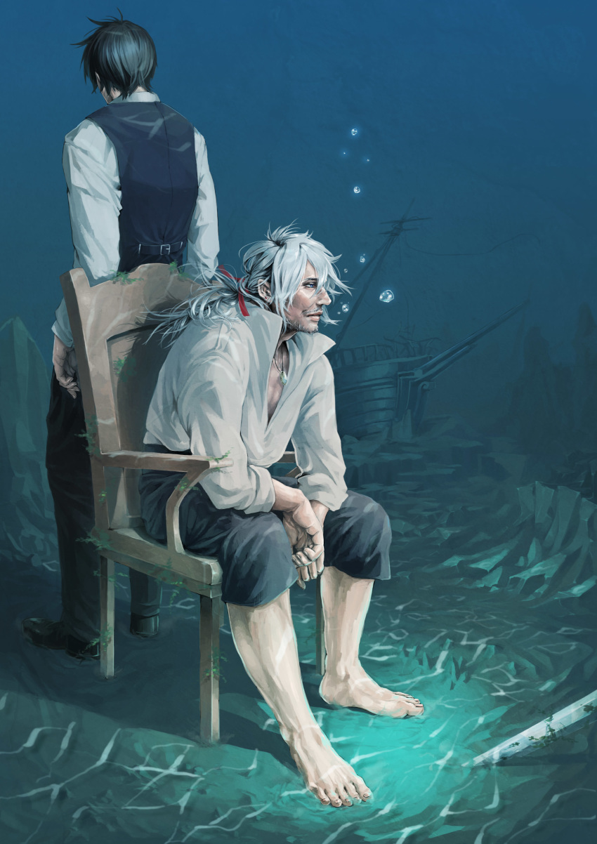 2boys absurdres barefoot black_footwear black_hair blue_eyes bow bubble buckle chair coin facial_hair highres jewelry leaning leaning_on_object medium_hair multiple_boys necklace ogata_tomio original red_bow seaweed ship short_hair sitting standing underwater water watercraft white_hair wreckage