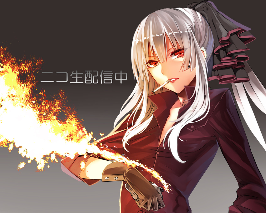 alternate_costume bad_id bad_pixiv_id bottle bow cigarette fire fujiwara_no_mokou gloves hair_bow holding karlwolf long_hair mole mole_under_eye parted_lips red_eyes silver_hair simple_background smile solo touhou