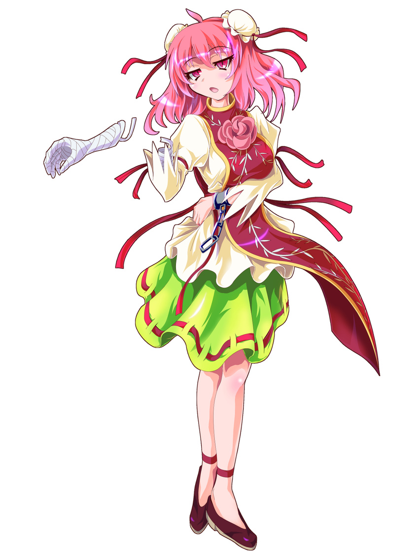 ahoge amputee bandages breasts bun_cover chain chinese_clothes cuffs detached_arm double_bun false_arm false_limb flower full_body highres ibaraki_kasen medium_breasts open_mouth pink_eyes pink_hair ribbon rose short_hair skirt solo tabard tachi-e touhou transparent_background zephid