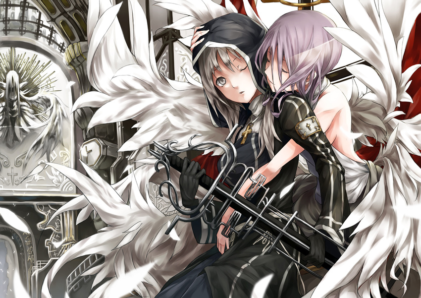 angel bad_id bad_pixiv_id closed_eyes dress gloves grey_eyes grey_hair hood hug kizuka_kanata long_hair multiple_girls original purple_hair sword weapon