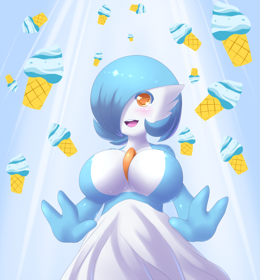 alternate_color bangs blue_hair blush breasts cleavage crying food gardevoir gen_3_pokemon hair_over_one_eye ice_cream ice_cream_cone jcdr large_breasts lucy_(jcdr) no_humans open_mouth orange_eyes pokemon pokemon_(creature) shiny_pokemon short_hair smile solo sunlight tears