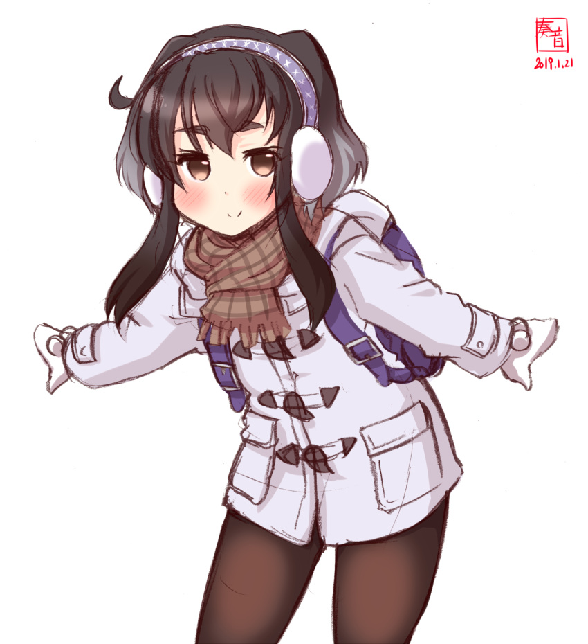 1girl alternate_costume artist_logo backpack bag black_hair black_legwear blush brown_eyes brown_scarf checkered checkered_scarf coat cowboy_shot dated earmuffs eyebrows_visible_through_hair flat_chest gloves grey_hair hair_between_eyes hat headgear highres hood kanon_(kurogane_knights) kantai_collection long_sleeves looking_at_viewer lowleg_pantyhose mini_hat multicolored_hair pantyhose scarf short_hair short_hair_with_long_locks signature simple_background solo tokitsukaze_(kantai_collection) two-tone_hair white_background white_coat white_gloves