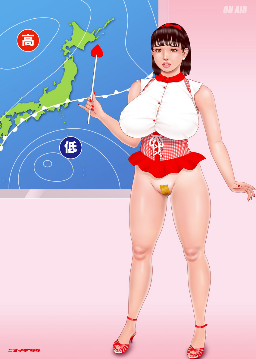 1girl blush bottomless bow breasts brown_eyes brown_hair curvy earrings eyeshadow hair_bow hair_ornament hairband heels high_heels highres holding huge_breasts japan jewelry legs lips makeup map nail_polish nioi_denshi pointer shoes short_hair skirt solo standing tape weather