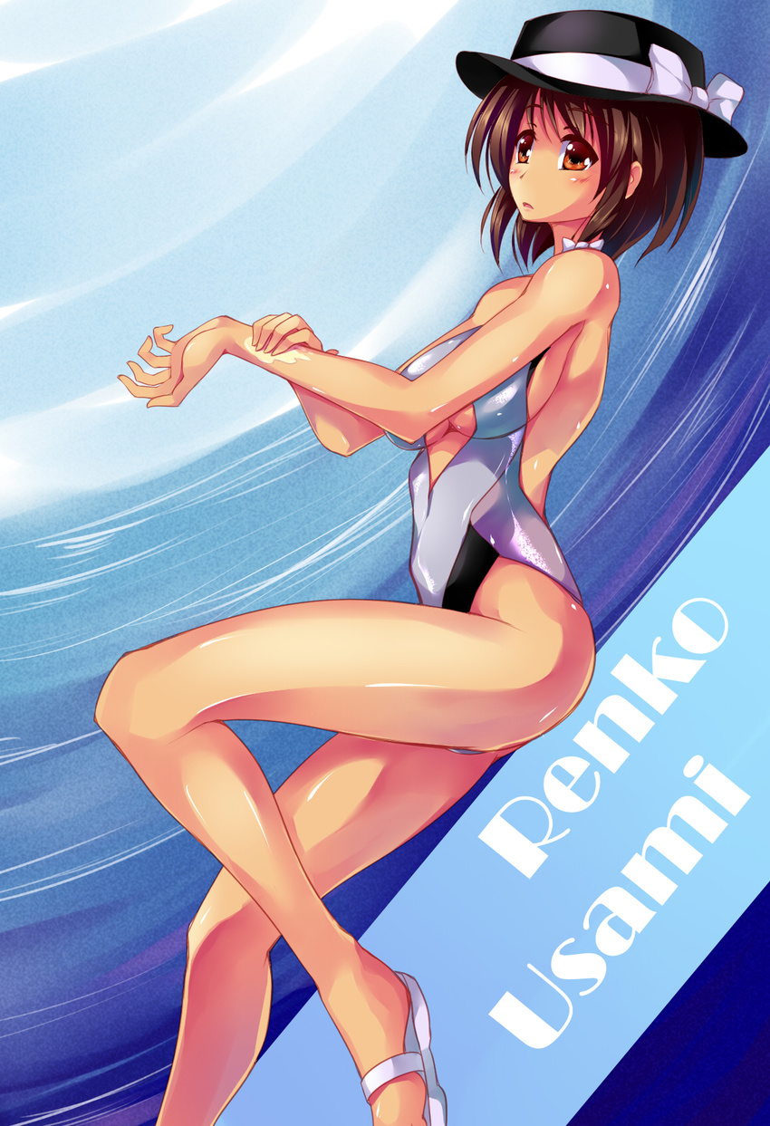 bare_shoulders bow breasts brown_eyes brown_hair center_opening character_name hair_bow hat hat_bow highres large_breasts maullarmaullar one-piece_swimsuit sand sandals shiny shiny_skin short_hair solo swimsuit touhou usami_renko waves white_bow