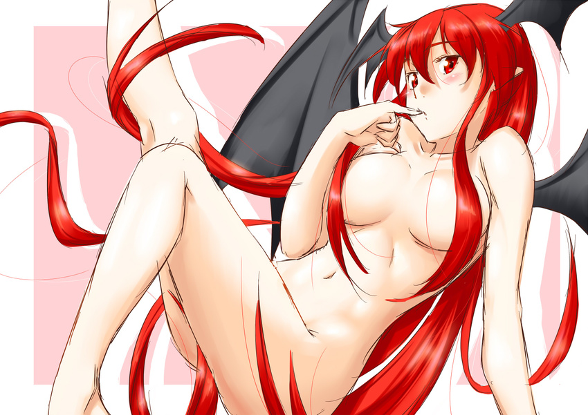 blush breasts finger_to_mouth hair_censor hair_over_breasts head_wings koakuma large_breasts leg_up long_hair looking_at_viewer multiple_wings navel niwatazumi nude pointy_ears red_eyes red_hair sketch solo touhou wings