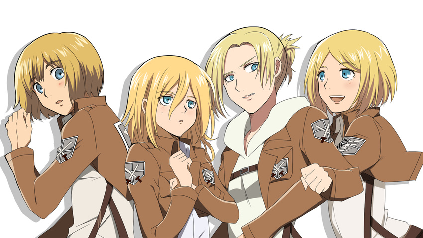 3girls annie_leonhardt armin_arlert blonde_hair blue_eyes christa_renz color_connection emblem hair_color_connection jacket multiple_girls paradis_military_uniform petra_ral rumia_(compacthuman) shingeki_no_kyojin short_hair training_corps_(emblem) uniform white_background