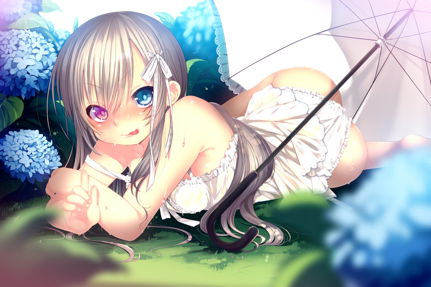 :q absurdres ass bad_id bad_pixiv_id bare_shoulders barefoot blue_eyes blush dancho_(dancyo) flower grass hair_ribbon heterochromia highres hydrangea leaf lips long_hair looking_at_viewer lying on_stomach original panties pink_eyes ribbon silver_hair solo strap_slip tongue tongue_out umbrella underwear wet white_panties