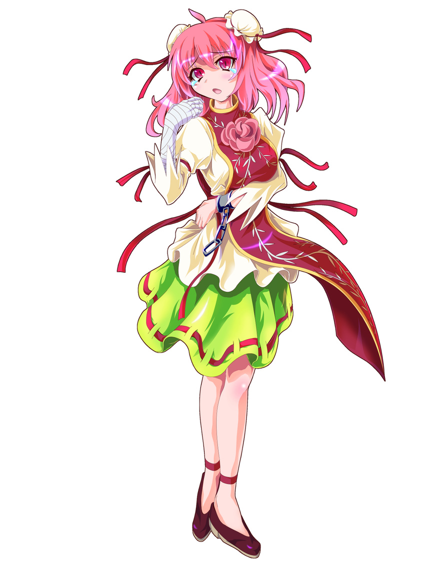 ahoge bandages breasts bun_cover chain chinese_clothes cuffs double_bun flower full_body highres ibaraki_kasen medium_breasts open_mouth pink_eyes pink_hair ribbon rose short_hair skirt solo standing tabard tachi-e tears touhou transparent_background zephid