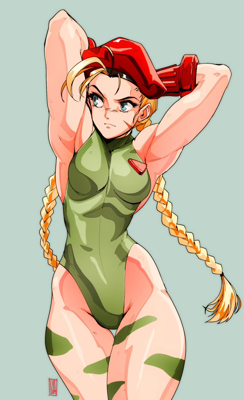 1girl 2019 90s absurdres antenna_hair armpits arms_up beret bodypaint braid breasts cammy_white commentary contrapposto cowboy_shot david_liu elbow_gloves english_commentary forehead gloves green_background green_leotard hat highleg highleg_leotard highres leotard long_hair looking_to_the_side red_gloves scar small_breasts solo standing street_fighter street_fighter_ii_(series) thick_thighs thigh_gap thighs toned twin_braids