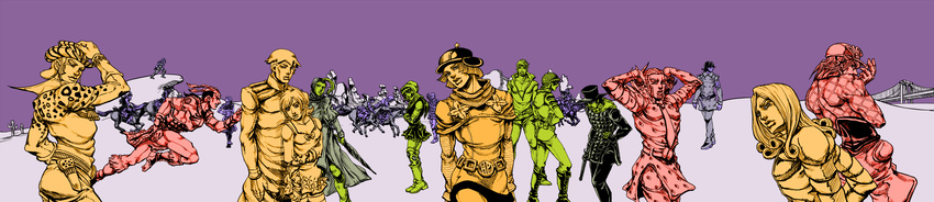 6+boys absurdres andre_boomboom axl_ro benjamin_boomboom blackmore bridge character_request diego_brando disco_(sbr) doctor_ferdinand eleven_men_(sbr) everyone funny_valentine gyro_zeppeli highres horse hot_pants_(sbr) johnny_joestar jojo_no_kimyou_na_bouken l._a._boomboom long_image lucy_steel magenta_magenta metamin_(memethah) mike_o. mountain_tim multiple_boys multiple_girls pork_pie_hat_kid ringo_roadagain steel_ball_run steven_steel sugar_mountain wekapipo wide_image