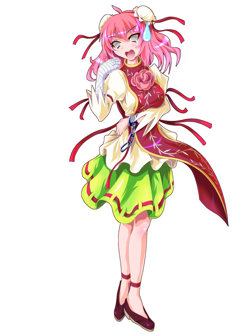 @_@ ahoge bandages breasts bun_cover chain chinese_clothes cuffs double_bun flower full_body highres ibaraki_kasen medium_breasts open_mouth pink_hair ribbon rose short_hair skirt solo sweatdrop tabard tachi-e touhou transparent_background zephid