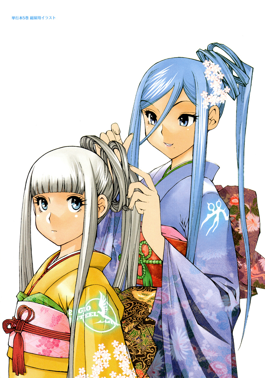 absurdres adjusting_hair aoki_hagane_no_arpeggio ark_performance blue_eyes blue_hair floral_print flower grin hair_flower hair_ornament hairdressing highres iona japanese_clothes kimono long_hair mole mole_under_mouth multiple_girls non-web_source obi official_art personification sash scan silver_hair smile takao_(aoki_hagane_no_arpeggio) yellow_kimono