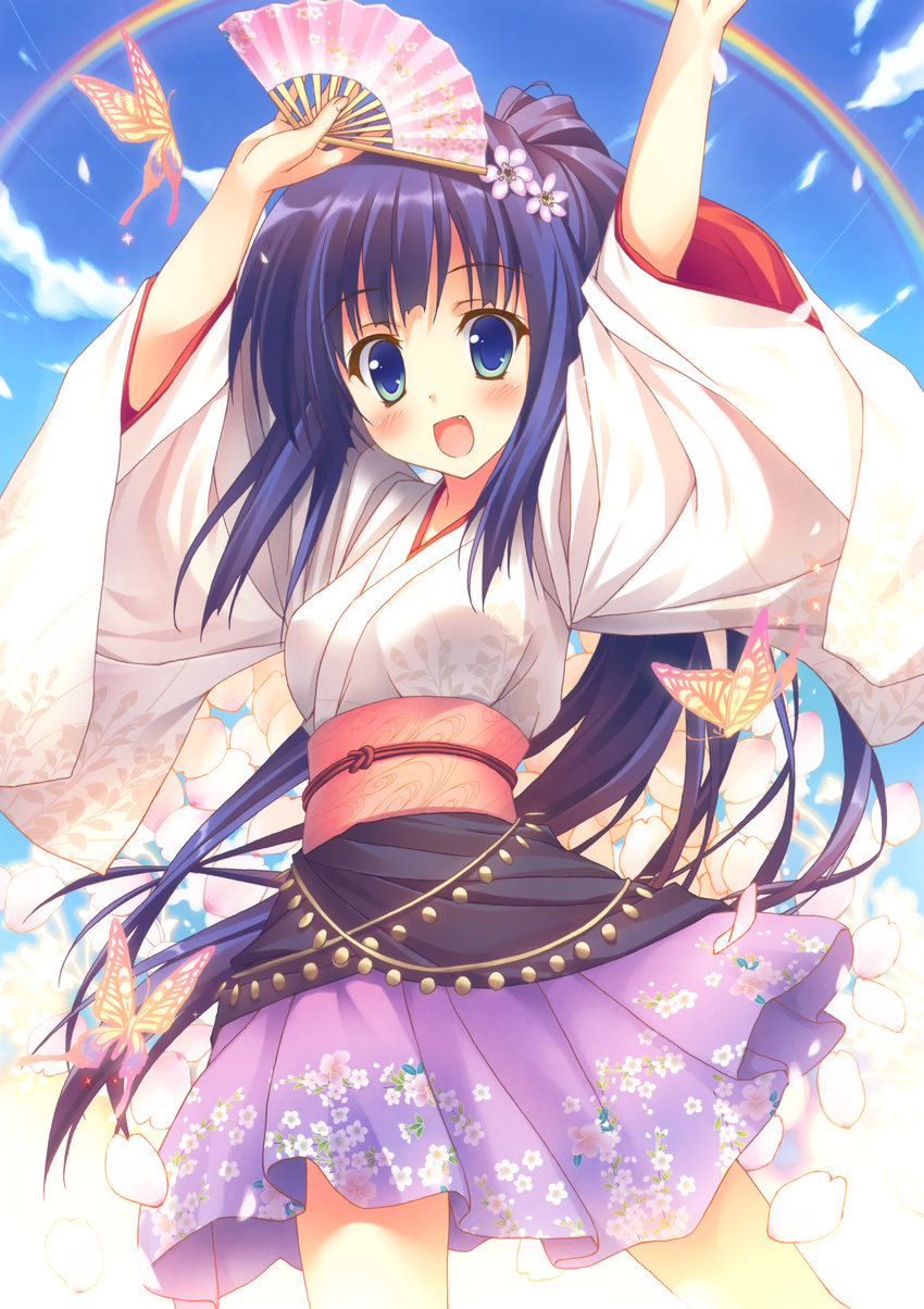 :d absurdres arms_up blue_eyes blue_hair blush bug butterfly copyright_request floral_print flower hair_flower hair_ornament highres huge_filesize insect japanese_clothes kimono kimono_skirt long_sleeves looking_at_viewer open_mouth petals purple_skirt rainbow saeki_nao sash skirt sky smile solo tareme wide_sleeves