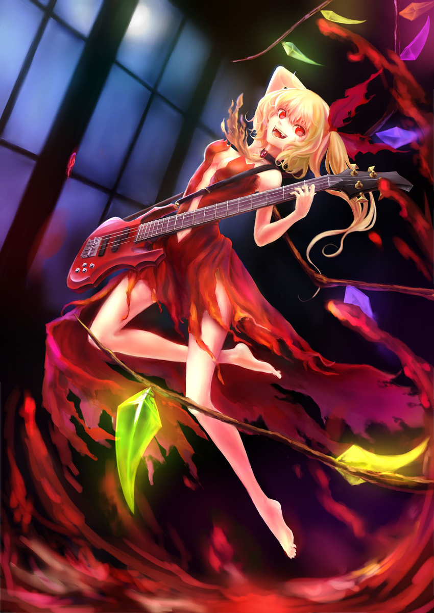 :d alternate_costume arm_behind_head ascot bare_legs barefoot blonde_hair bow breasts center_opening choker dress fangs flandre_scarlet full_moon grape-kun_ganbaranai guitar hair_bow highres indoors instrument medium_breasts moon navel no_hat no_headwear open_mouth red_dress red_eyes short_hair side_ponytail smile solo torn_clothes torn_dress touhou window wings