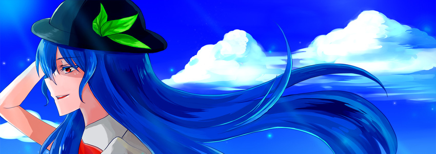 bad_id bad_pixiv_id blue_hair bow cloud day hat hinanawi_tenshi leaf long_hair open_mouth profile red_eyes rowan_(kanonsecret) smile solo touhou very_long_hair