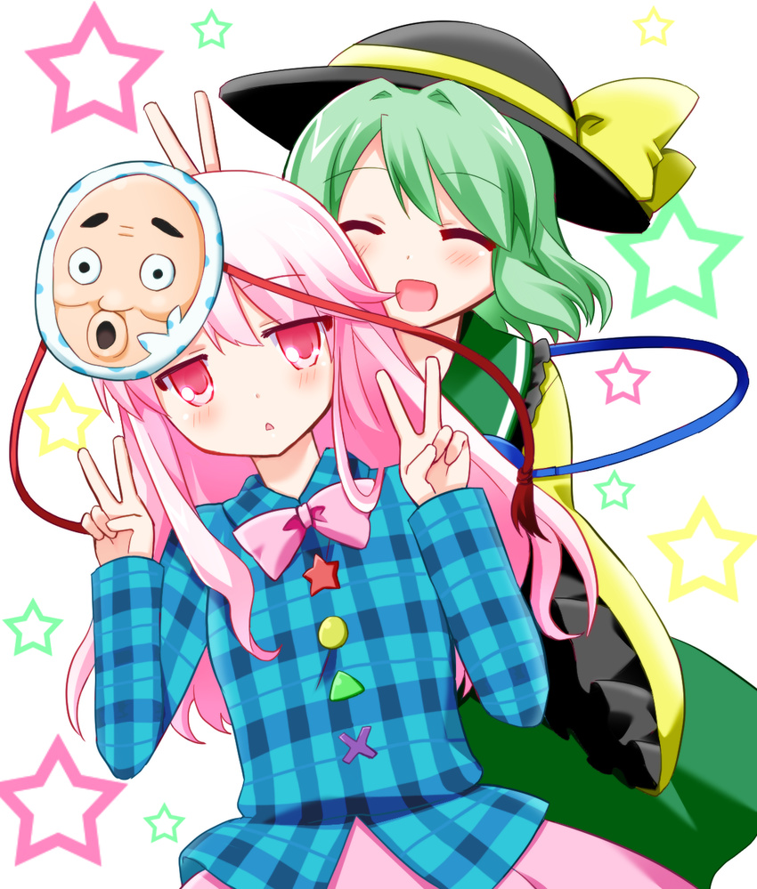 adaajt bow expressionless green_hair hat hat_ribbon hata_no_kokoro heart heart_of_string highres komeiji_koishi long_hair long_sleeves looking_at_viewer mask multiple_girls open_mouth pink_eyes pink_hair plaid plaid_shirt ribbon shirt short_hair skirt smile star third_eye touhou triangle victory_pose