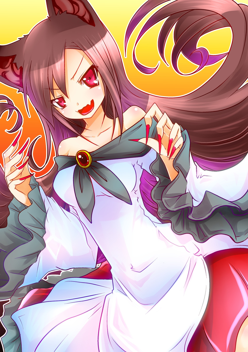 animal_ears bare_shoulders brooch brown_hair dress fang fingernails frills highres imaizumi_kagerou jewelry long_fingernails long_hair naonakamura off_shoulder open_mouth red_eyes solo touhou very_long_hair wide_sleeves wolf_ears