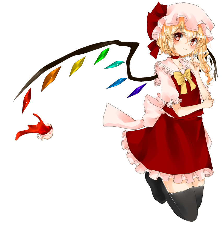 :3 bad_id bad_pixiv_id black_legwear bow cup dress falling flandre_scarlet hat hat_ribbon highres koyashaka looking_at_viewer no_shoes pink_eyes puffy_sleeves ribbon sash shirt short_sleeves side_ponytail simple_background skirt skirt_set solo spilling teacup thighhighs touhou vest white_background wings zettai_ryouiki