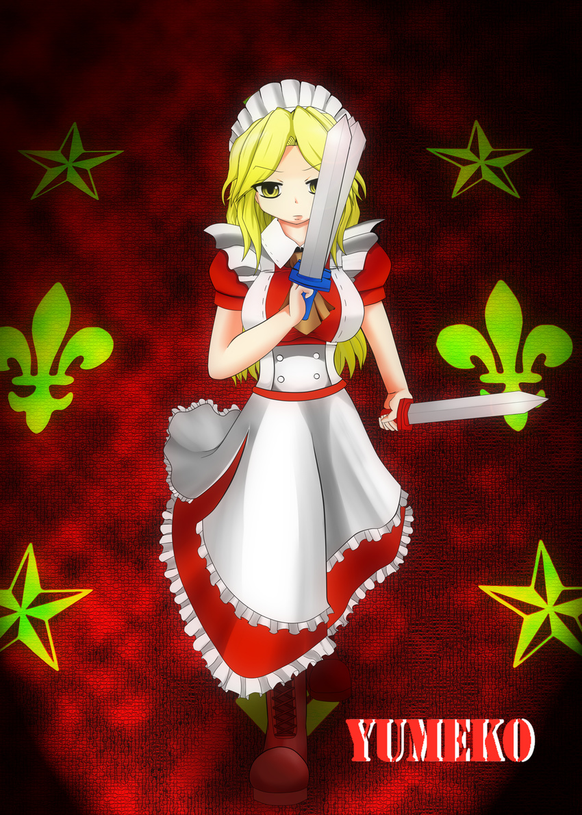 absurdres apron blonde_hair boots combat_boots dress dual_wielding full_body highres holding holding_sword holding_weapon looking_at_viewer maid puffy_short_sleeves puffy_sleeves red_dress short_sleeves standing sword touhou touhou_(pc-98) weapon yellow_eyes yumeko