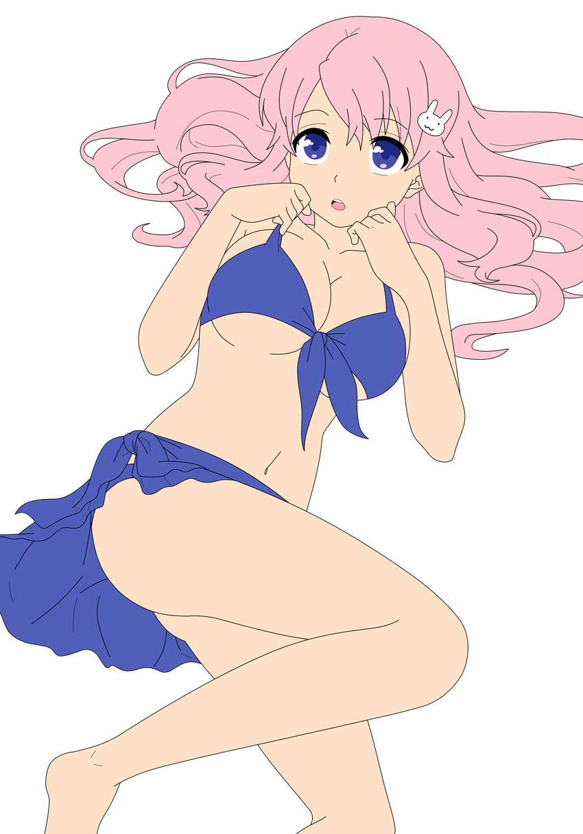 1girl absurdres baka_to_test_to_shoukanjuu bikini blue_eyes breasts busty hair_clip hair_ornament hairclip highres himeji_mizuki legs long_hair lying open_mouth photoshop pink_hair solo swimsuit thighs transparent_background vector_trace