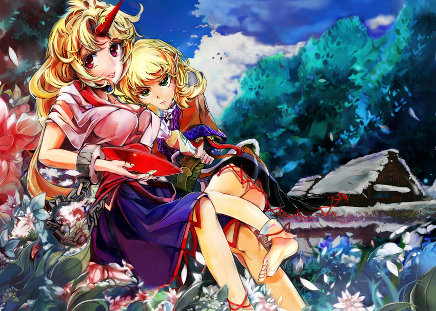 ankle_cuffs anklet arm_warmers bare_legs barefoot belt blonde_hair blouse blue_sky breasts chain cleavage cloud cuffs cup day flower frown green_eyes head_on_shoulder highres horn hoshiguma_yuugi jewelry leaf leaning_on_person lips long_hair looking_at_viewer medium_breasts mizuhashi_parsee multiple_girls outdoors parted_lips pointy_ears poyan_noken red_eyes rock sakazuki scarf shackles skirt sky star touhou tree waist_hold yuri