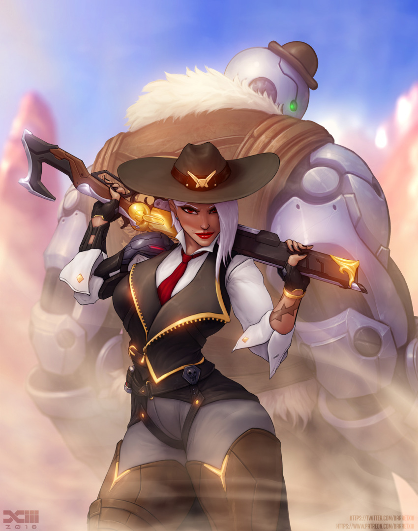 1girl arm_tattoo ashe_(overwatch) asymmetrical_hair back-to-back barretxiii between_breasts black_gloves black_nails bob_(overwatch) bowler_hat breasts chaps coattails contrapposto cowboy_hat cowboy_shot day eyeliner fingerless_gloves gloves glowing glowing_eyes green_eyes gun hair_over_one_eye hat height_difference highres holding holding_gun holding_weapon lever_action lips lipstick looking_at_viewer makeup medium_breasts mini_hat mole_above_mouth nail_polish necktie necktie_between_breasts omnic outdoors over_shoulder overwatch pants red_eyes rifle robot sleeves_pushed_up slender_waist standing tattoo waistcoat weapon weapon_over_shoulder white_hair