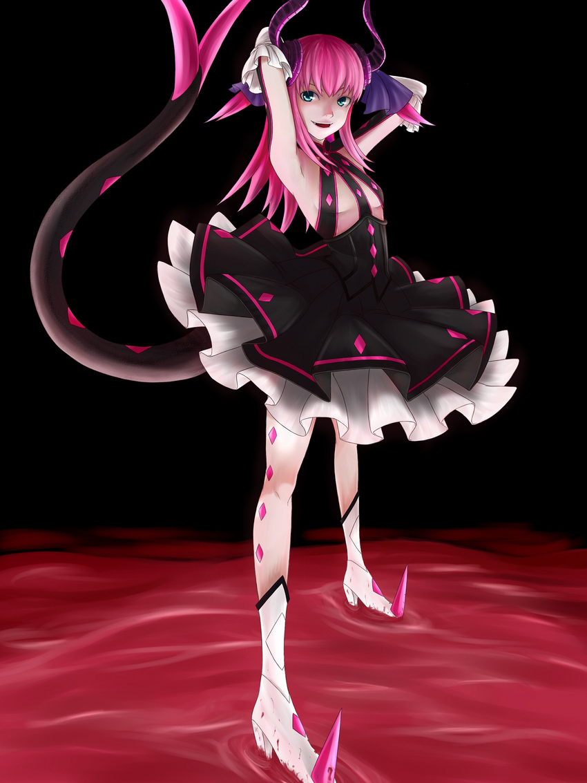 absurdres arms_behind_head blue_eyes detached_sleeves dress elizabeth_bathory_(fate) elizabeth_bathory_(fate)_(all) fate/extra fate/extra_ccc fate_(series) highres horns long_hair pink_hair pointy_ears pointy_shoes sei15 shoes solo tail two_side_up