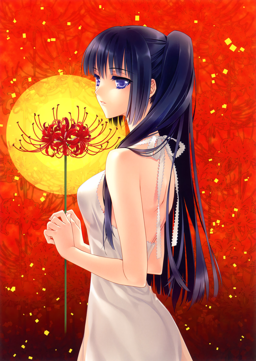 absurdres bare_shoulders carnelian dress flower highres huge_filesize lips long_hair original parted_lips ponytail purple_eyes purple_hair scan see-through_silhouette solo spider_lily white_dress