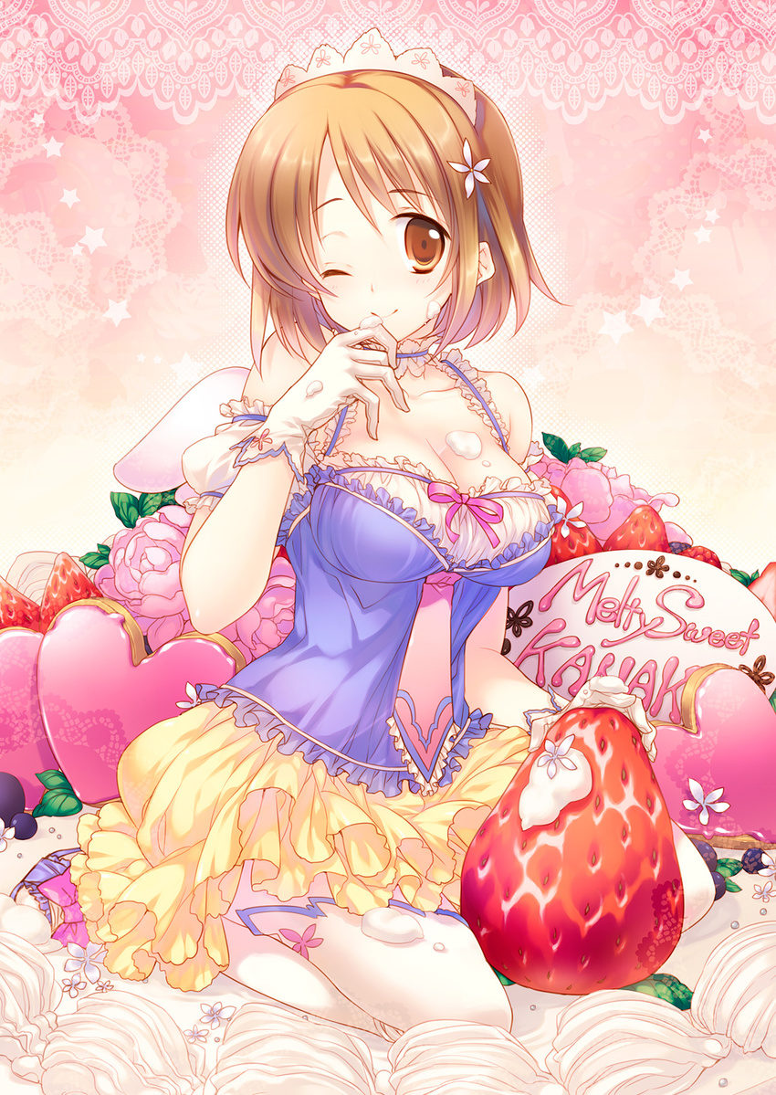 ;) blush breasts brown_eyes brown_hair cake cleavage detached_sleeves english flower food food_on_body food_on_face fruit gloves hair_flower hair_ornament highres icing idolmaster idolmaster_cinderella_girls large_breasts melty_sweet_(idolmaster) mimura_kanako mizuno_(suisuiw) neck_garter one_eye_closed oversized_object peony_(flower) puffy_detached_sleeves puffy_sleeves short_hair smile solo strawberry