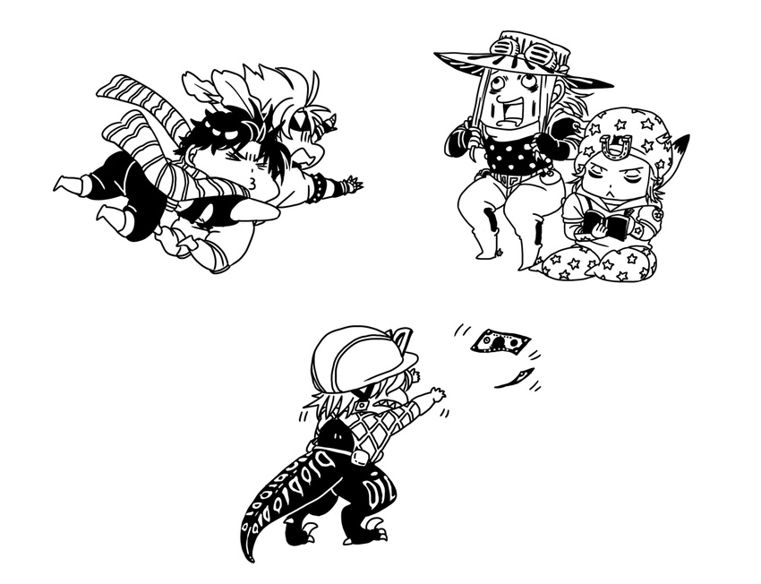 caesar_anthonio_zeppeli chibi cunh342plus diego_brando dinosaur dollar_bill glomp greyscale gyro_zeppeli hug johnny_joestar jojo_no_kimyou_na_bouken joseph_joestar_(young) monochrome multiple_boys scary_monsters_(stand) stand_(jojo) steel_ball_run