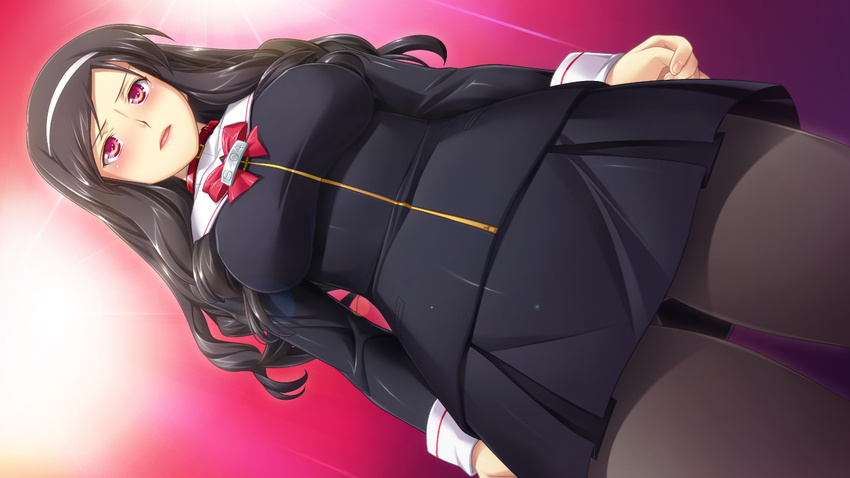 1girl baiin_reijou_suouin_sakurako_no_zaie black_hair blush breasts game_cg hairband highres hips large_breasts legs long_hair pantyhose pink_eyes ribahara_aki school_uniform simple_background skirt solo standing thighs