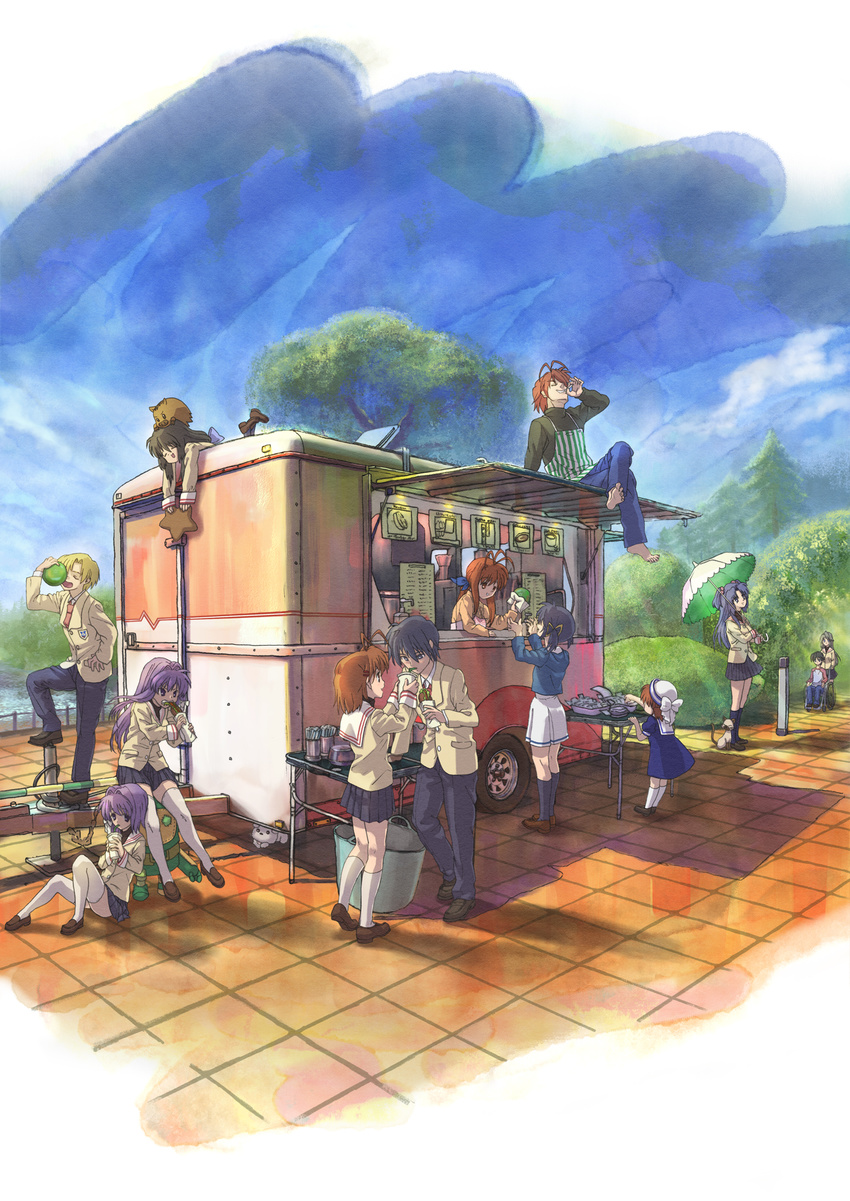 6+girls antenna_hair bad_id bad_pixiv_id barefoot blonde_hair blue_hair boar botan_(clannad) brown_hair cat cigarette clannad crossed_legs cup dog dress drinking drinking_straw eating food_stand fujibayashi_kyou fujibayashi_ryou furukawa_akio furukawa_nagisa furukawa_sanae garbage_doll hair_bobbles hair_ornament hat highres hikarizaka_private_high_school_uniform ibuki_fuuko ichinose_kotomi long_hair multiple_boys multiple_girls okazaki_tomoya okazaki_ushio outdoors parasol piro pleated_skirt potato_(air) purple_hair sailor_dress sakagami_takafumi sakagami_tomoyo school_uniform short_hair siblings sisters sitting skirt starfish sunohara_mei sunohara_youhei time_paradox trailer tree twins umbrella wheelchair zuka_(midori)