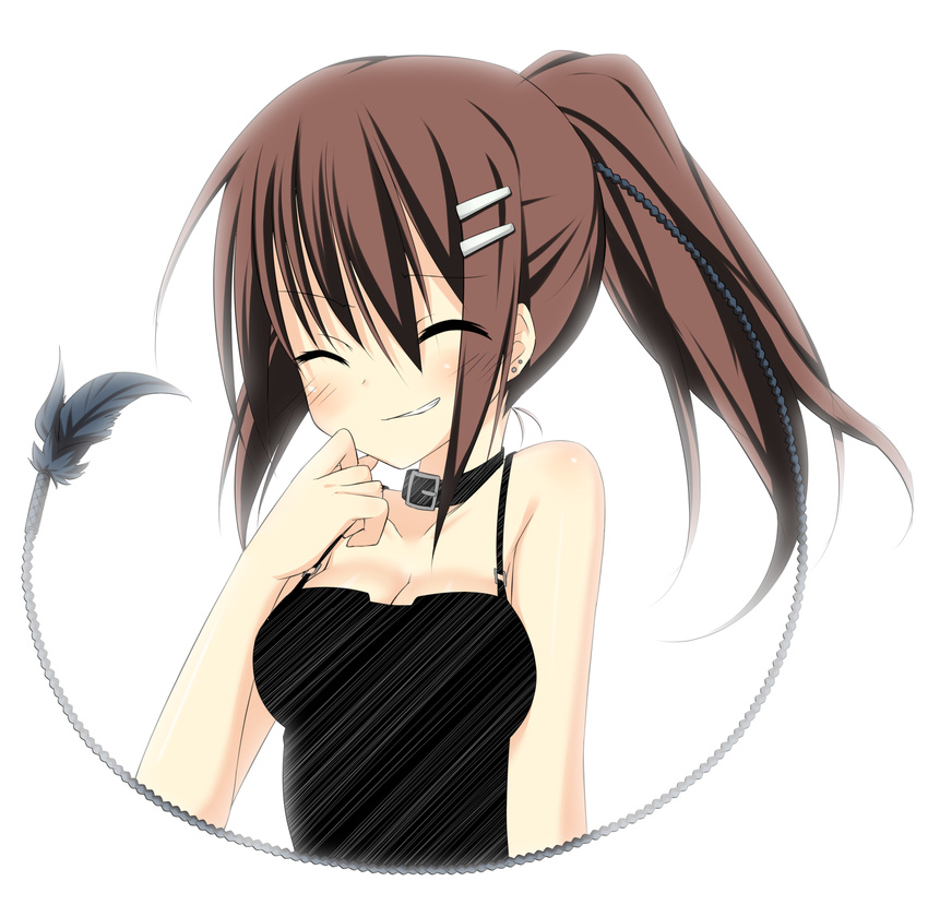 blush breasts brown_hair choker cleavage closed_eyes commentary_request hatching_(texture) highres laughing medium_breasts minakami_yuki ponytail sigemi simple_background smile solo subarashiki_hibi white_background