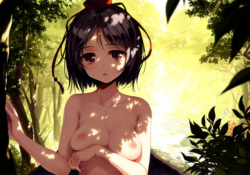 absurdres black_hair black_wings blurry breast_hold breasts collarbone dappled_sunlight day depth_of_field forest hat highres huge_filesize ke-ta lips looking_at_viewer medium_breasts nature nipples nude outdoors parted_lips red_eyes scan shameimaru_aya short_hair solo sunlight sweat tokin_hat touhou tree tree_shade upper_body wings