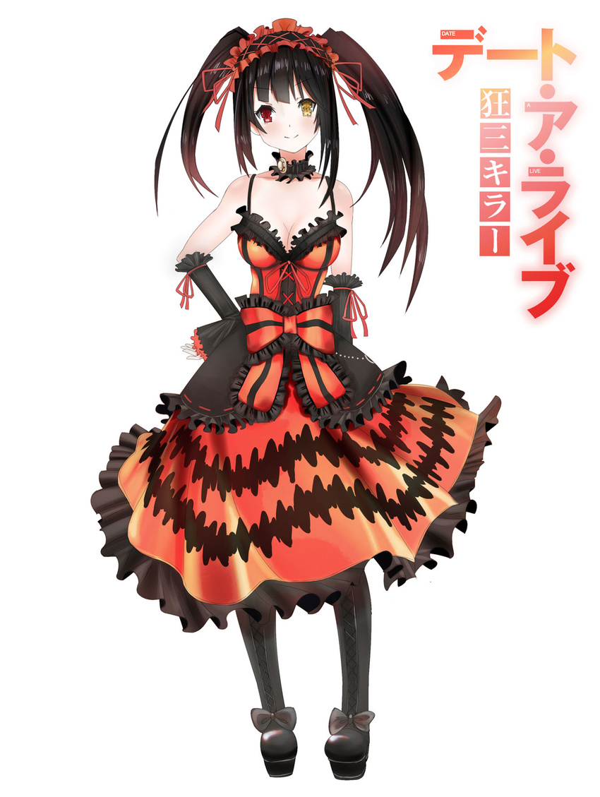 bare_shoulders black_hair boots breasts cleavage clock_eyes collarbone date_a_live detached_sleeves dress full_body hairband heterochromia highres itaru_chokusha lolita_fashion lolita_hairband long_hair looking_at_viewer medium_breasts pantyhose red_eyes sidelocks simple_background sleeveless sleeveless_dress standing symbol-shaped_pupils tokisaki_kurumi twintails uneven_twintails white_background yellow_eyes