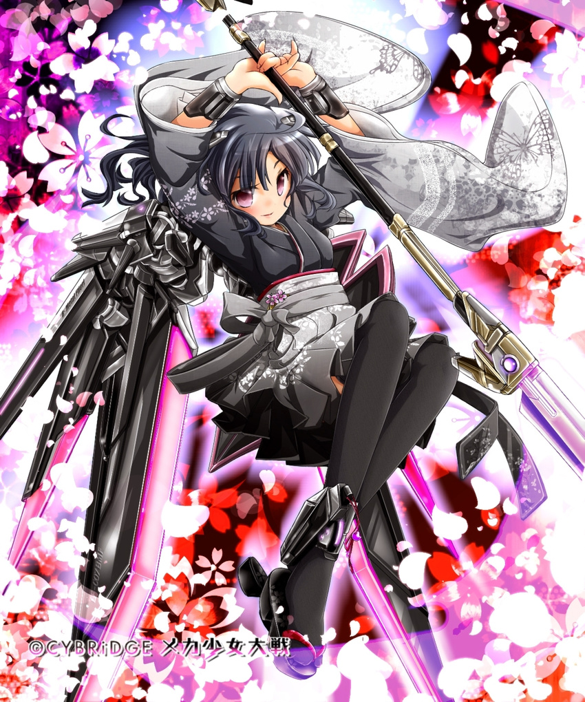 akino_coto black_hair highres japanese_clothes kimono long_hair looking_at_viewer md5_mismatch mecha_shoujo_taisen_z skirt smile solo sword thighhighs weapon