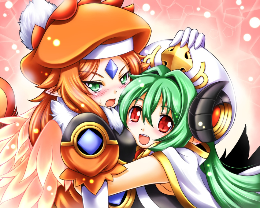 2girls arcana_trust blush elbow_gloves fang feathers forehead_jewel gloves green_eyes hand_on_another's_head hat horns hug kittan_(cve27426) long_hair looking_at_viewer multiple_girls open_mouth orange_hair phoenicia pointy_ears red_eyes shinrabanshou sweatdrop tail white_gloves wings