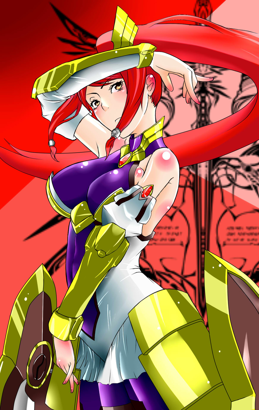 armor armored_dress bare_shoulders blazblue blazblue:_chronophantasma breasts detached_sleeves faulds halterneck highres izayoi_(blazblue) large_breasts long_hair onji ponytail red_hair shield sidelocks solo vambraces very_long_hair yellow_eyes