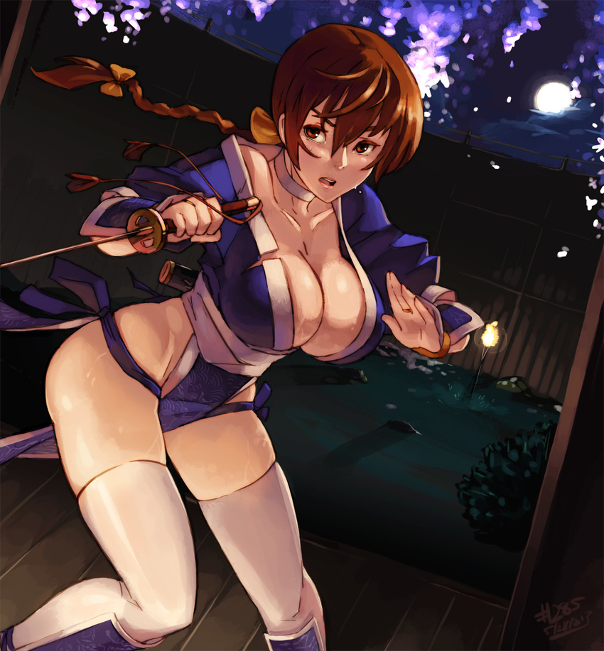 2013 armor braid breasts brown_eyes brown_hair cherry_blossoms choker cleavage dated dead_or_alive dutch_angle fighting_stance full_moon greaves highres huge_breasts japanese_armor japanese_clothes junkpuyo kasumi_(doa) kote long_hair moon night ninja pelvic_curtain revealing_clothes reverse_grip sash short_sword single_braid solo sweat sword thighhighs torn_clothes weapon white_legwear