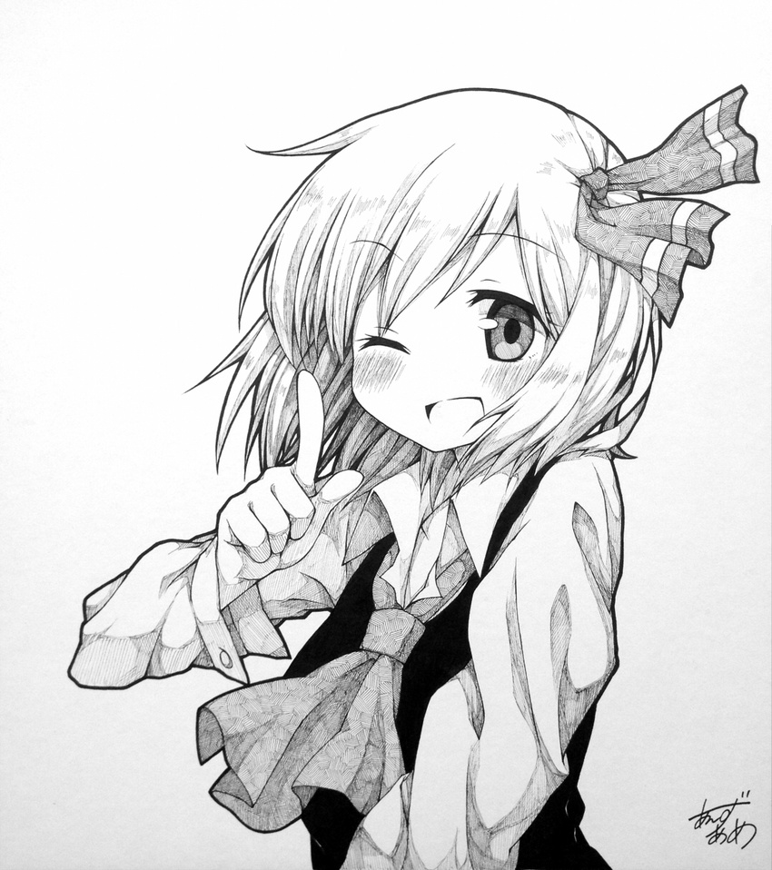 artist_name ascot blush clown_222 greyscale hair_ribbon hands highres looking_at_viewer millipen_(medium) monochrome one_eye_closed open_mouth ribbon rumia shikishi short_hair signature sketch smile solo touhou traditional_media upper_body