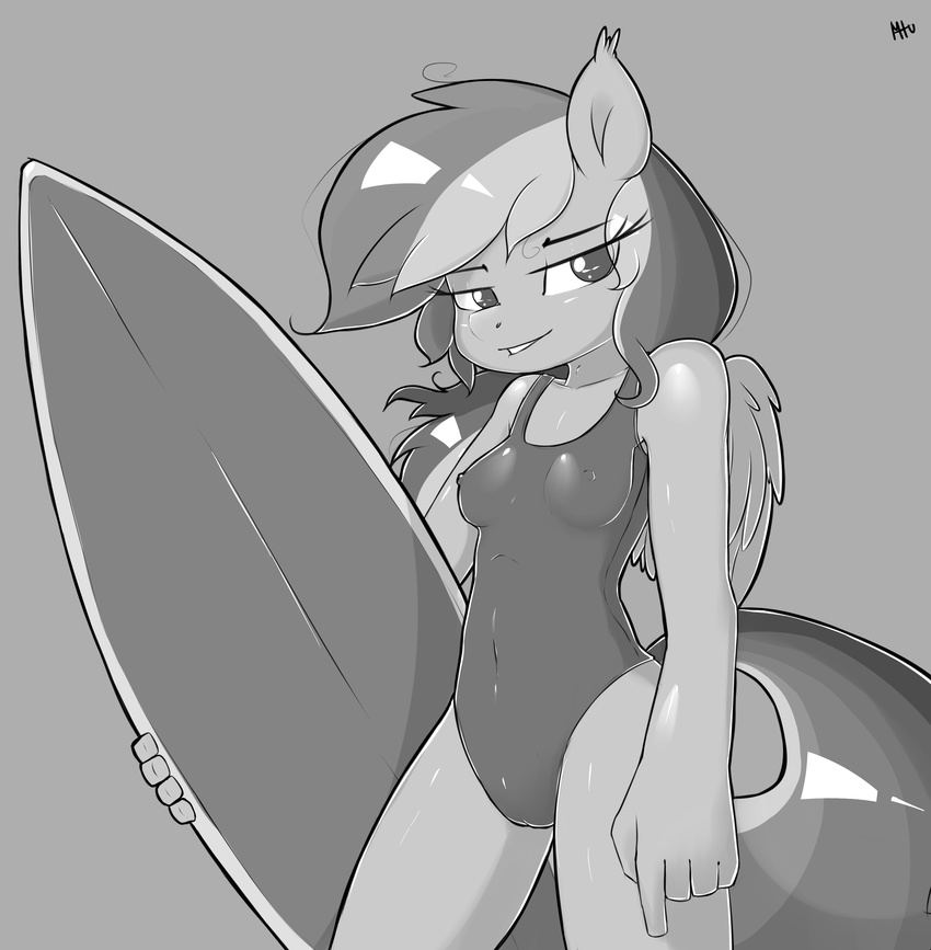 anthro anthrofied camel_toe equine female friendship_is_magic grey_scale greyscale hi_res mammal miketheuser monochrome my_little_pony pegasus rainbow_dash_(mlp) solo surfboard swimsuit wings