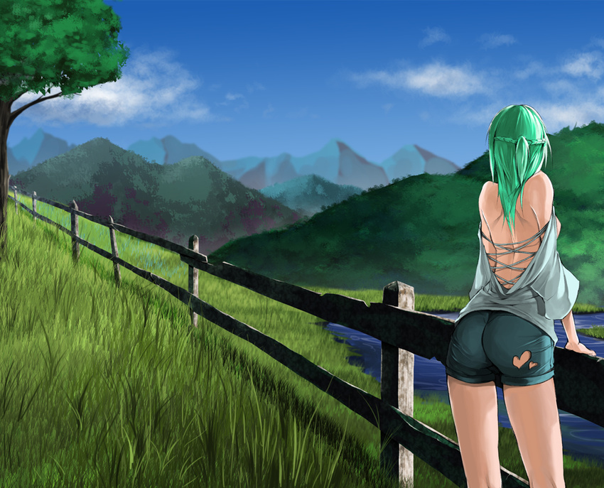 clouds grass green_hair landscape original scenic shorts sky tagme tree tyappygain water