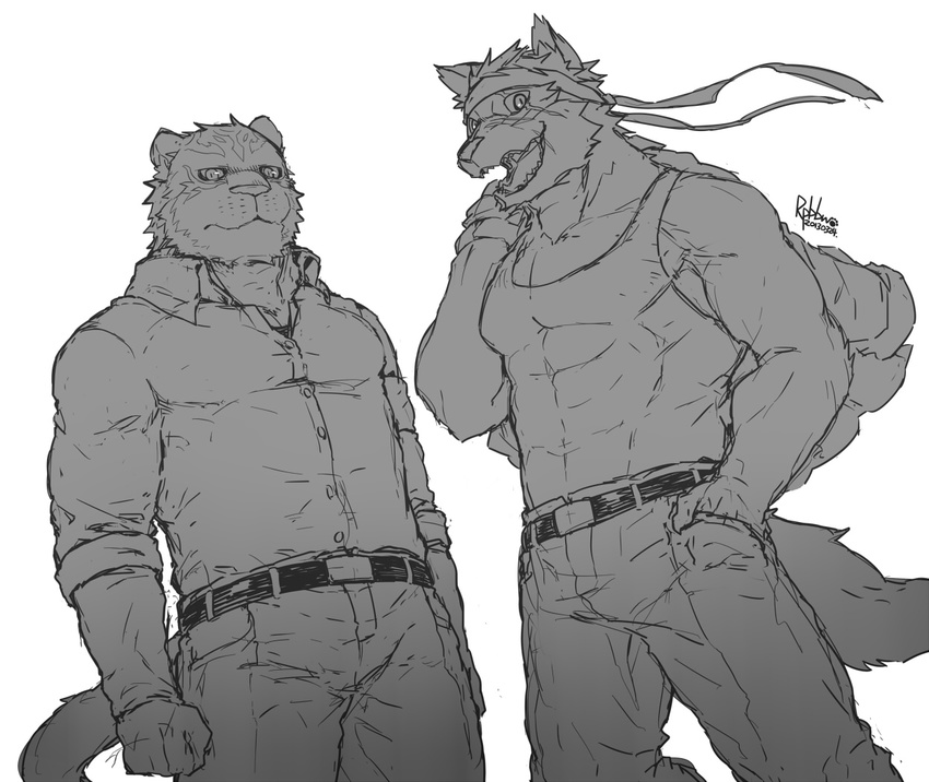 anthro belt biceps canine clothing duo fangs feline fur grin male mammal monochrome muscles open_mouth pants pecs plain_background pose robbw scar shirt sketch smile standing tank_top teeth tiger toned tongue white_background wolf