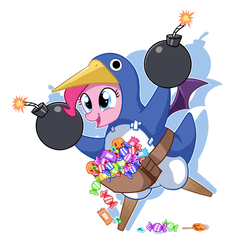bomb candy costume equine female friendship_is_magic fur fuse hair madmax mammal my_little_pony penguin pink pink_fur pink_hair pinkie_pie_(mlp) plain_background prinny shadow smile solo white_background wings