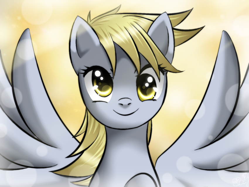 abstract_background amber_eyes blonde_hair cute derp_eyes derpy_hooves_(mlp) equine eyelashes female feral friendship_is_magic fur glare grey_fur hair headshot_portrait horse long_hair looking_at_viewer mammal my_little_pony pegasus plain_background pony portrait princesssilverglow smile solo spread_wings wings yellow_eyes