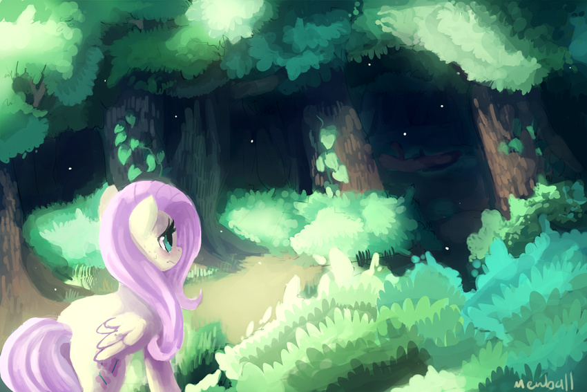 cutie_mark cyan_eyes detailed_background equine feathers female feral fluttershy_(mlp) forest friendship_is_magic fur grass hair horse leaves long_hair mammal mewball my_little_pony pegasus pink_hair pony signature solo sparkles tree wings yellow_fur