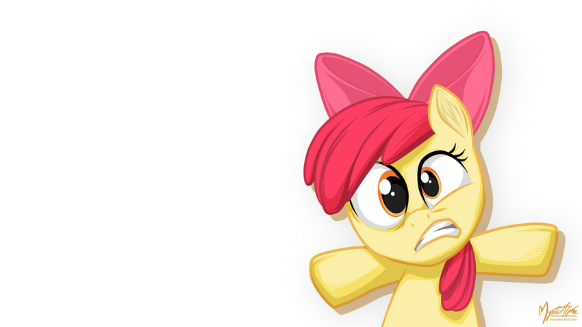 2013 amber_eyes apple_bloom_(mlp) bow cub equine female feral friendship_is_magic green_eyes hair horse looking_at_viewer mammal my_little_pony mysticalpha plain_background pony red_hair scared solo white_background young